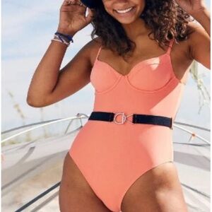 Aerie NWT High Cut Cheekier One Piece Swimsuit with a Blue buckle belt size M